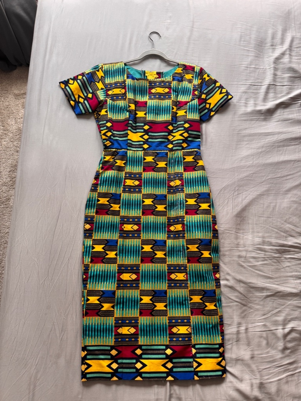Traditional West African Midi Dress in Yellow, Teal & Crimson